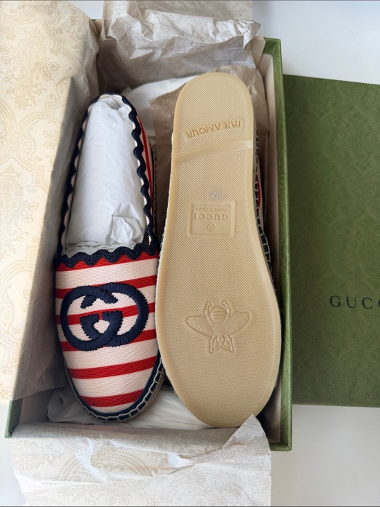 Gucci Shoes - Gucci Red, White & Navy Striped Espadrilles with Navy GG